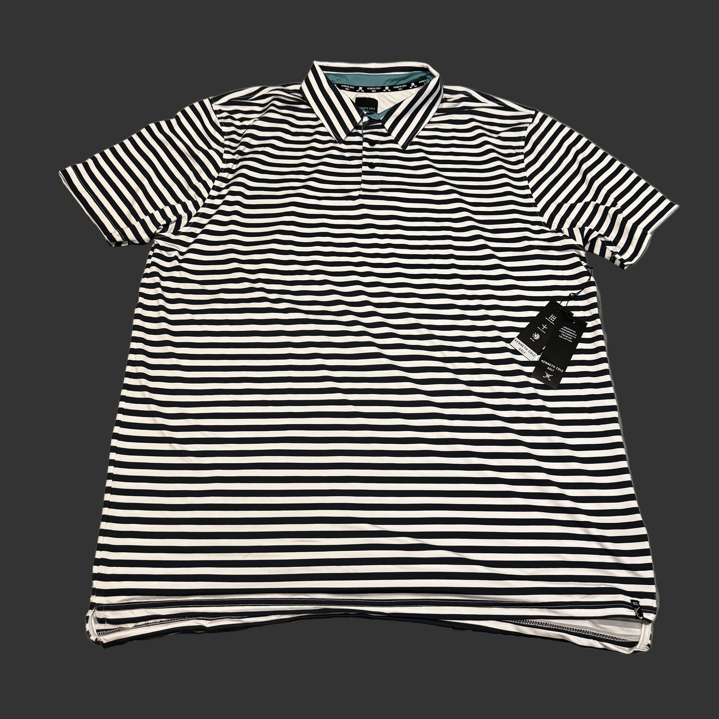 Men's Kenneth Cole Golf Polo Stripped (White and Navy Blue) (Pink/Aqua Collar) - Size 2XL