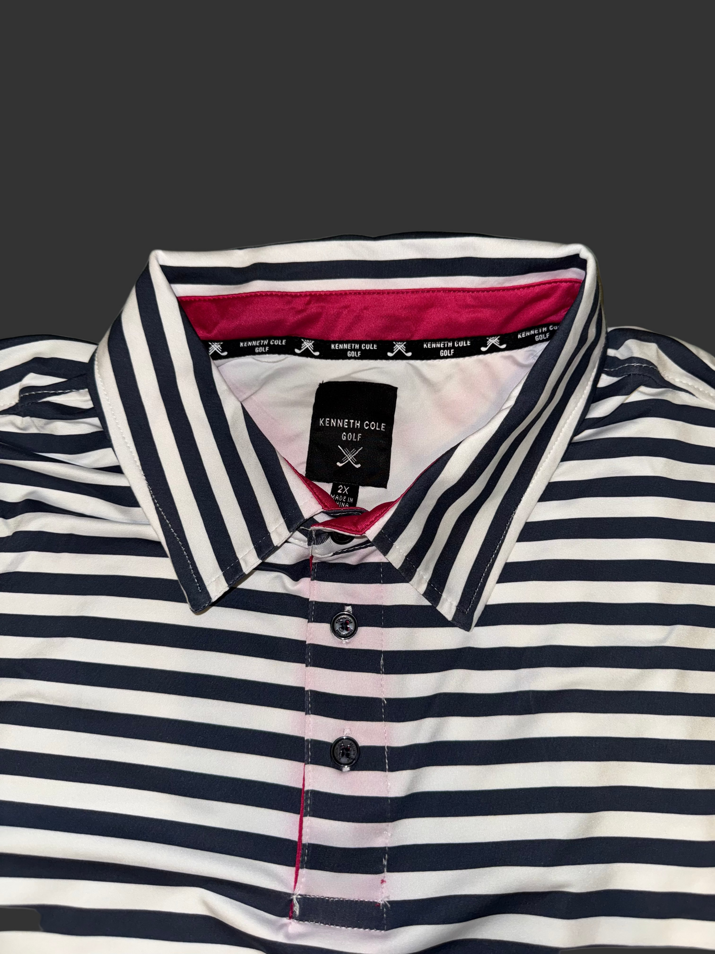 Men's Kenneth Cole Golf Polo Stripped (White and Navy Blue) (Pink/Aqua Collar) -  Size 2XL