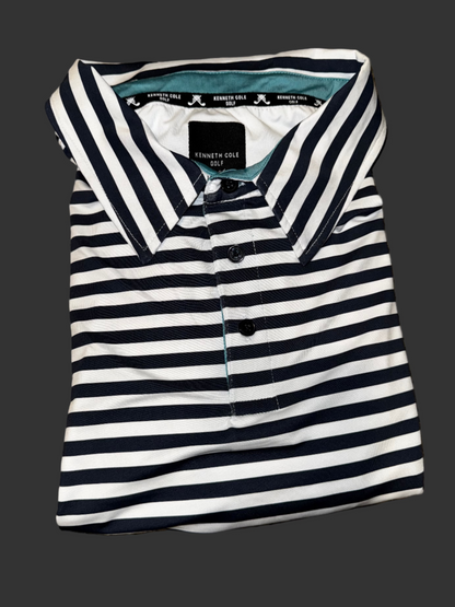 Men's Kenneth Cole Golf Polo Stripped (White and Navy Blue) (Aqua Collar) -  Size 2XL