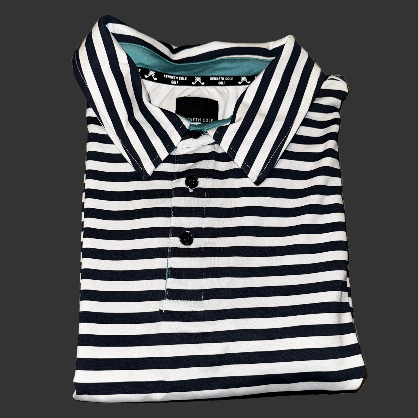 Men's Kenneth Cole Golf Polo Stripped (White and Navy Blue) (Pink/Aqua Collar) -  Size 2XL