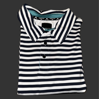 Men's Kenneth Cole Golf Polo Stripped (White and Navy Blue) (Pink/Aqua Collar) -  Size 2XL