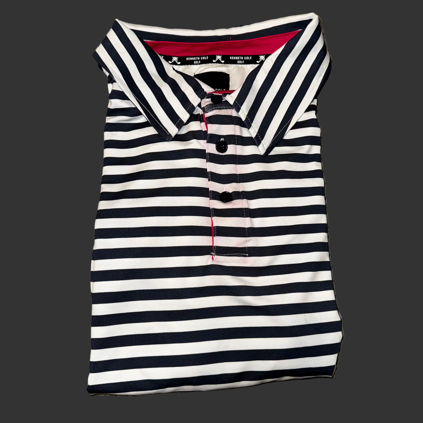 Men's Kenneth Cole Golf Polo Stripped (White and Navy Blue) (Pink/Aqua Collar) -  Size 2XL