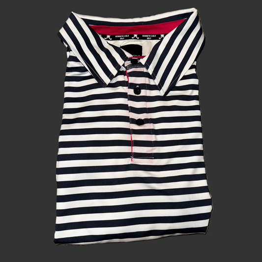 Men's Kenneth Cole Golf Polo Stripped (White and Navy Blue) (Pink/Aqua Collar) -  Size 2XL